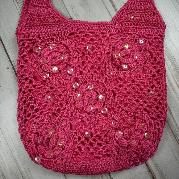 Y2K style small dark pink floral sequin crochet purse handbag hobo coquette boho - Picture 2 of 7